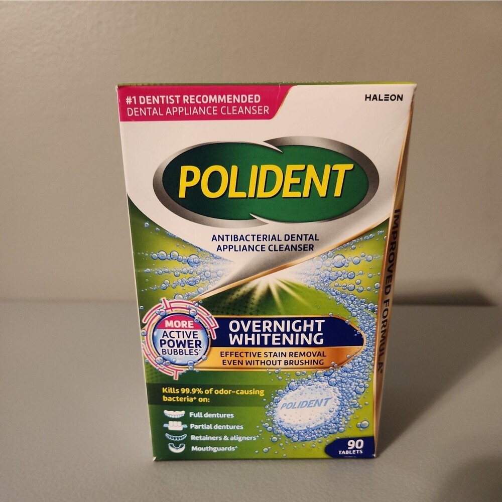 Polident Antibacterial Denture Cleaner Overnight Whitening 90 CT Exp 11/27 +